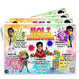 holi theme tambola tickets  holi hangover housie tambola themed bingo game kitty party theme housie tickets  english  for family amp friends set of 15 tickets