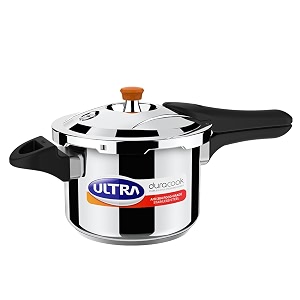 ultra duracook pressure cooker 3 litre  aisi 304 food grade stainless steel cooker  10 years warranty  high impact 3-layer composite base  bakelite handles  keeps food warm for up to 2 hours