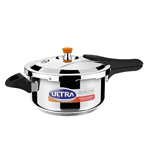 ultra duracook pressure cooker 45 litre  aisi 304 food grade stainless steel cooker with10 years warranty  high impact 3-layer composite base  spillage control  sturdy bakelite handle