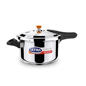 ultra duracook pressure cooker 55 litre  aisi 304 food-grade stainless steel cooker with 10 years warranty  high-impact 3-layer composite base  froth collector  bakelite handle