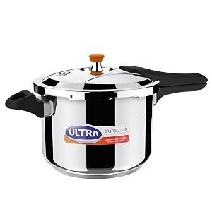 ultra duracook pressure cooker 65 litre  aisi 304 food grade stainless steel cooker  10 years warranty  high impact 3-layer composite base  froth collector  injection moulded bakelite handle