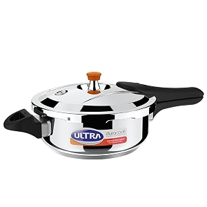ultra duracook pressure cooker 35 litre  aisi 304 food grade stainless steel cooker with 10 years warranty  high-impact composite base  bakelite handles  spillage control  induction compatible