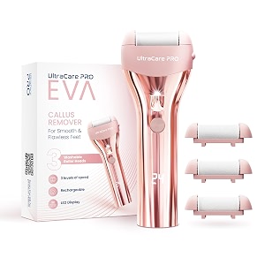ultracare pro eva callus remover for feet - 1 year warranty - 3 customized speed settings - rechargeable foot scrubber - 3 roller heads for dead skin - pedicure at home - washable heads