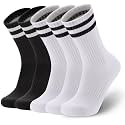 Ultrafun 5 Pairs Striped Crew Socks Cotton Cushioned Athletic Sports Running Socks for Men Women Teens