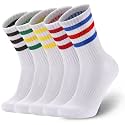 Ultrafun 5 Pairs Striped Crew Socks Cotton Cushioned Athletic Sports Running Socks for Men Women Teens