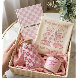 the umbrella store delulu girl coquette aesthetic gift hamper - curated cozy box with pink checkered book strawberry amp flower glass tumbler delulu gi