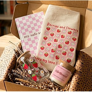 the umbrella store delulu girl coquette aesthetic gift hamper - curated cozy box with pink checkered book strawberry amp flower glass tumbler girlhood