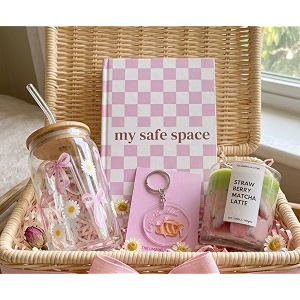 the umbrella store pink aesthetic gift hamper for women  strawberry matcha scented candle checkered journal glass tumbler amp cute keychain  self care gift box for birthday best friend girlfriend