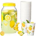 Umigy 1 Gallon Lemon Plastic Drink Dispenser with 20 Pcs 12 oz Lemon Paper Party Cups 1 Gallon Kitchen Fridge Beverage Dispenser Plastic Water Dispenser with Spigot for Juice Tea Beer