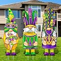 Umigy 3 Pcs Mardi Gras Yard Decor Carnival Day Gnome Outdoor Sign with Stakes Gold Green Purple Gnome Lawn Sign Sweet Yard Decor for Home Pathway Walkway