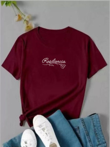 UnaOne Printed Women Round Neck Maroon T-Shirt