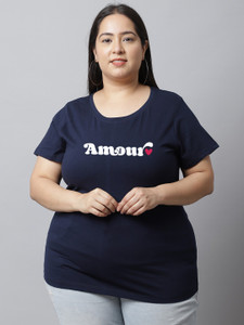 UnaOne Typography Women Round Neck Navy Blue