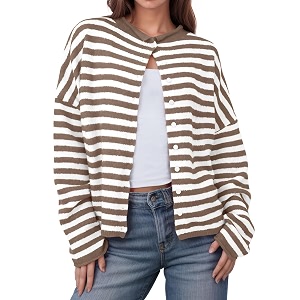 UNCLECAT Womens Striped Cardigan Long Sleeve Button