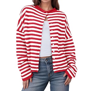 UNCLECAT Womens Striped Cardigan Long Sleeve Button