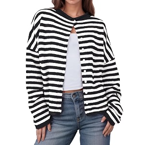 UNCLECAT Womens Striped Cardigan Long Sleeve Button