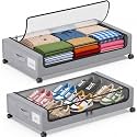 Under Bed Storage with Wheels, 2 Pack Under Bed Storage Containers with Clear Lids, 68L Underbed Shoe Storage Organizer Bins, Rolling Under Bed Metal Drawer for Blanket, Clothes, Shoes, Toys - Grey