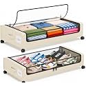 Under Bed Storage with Wheels, 2 Pack Under Bed Storage Containers with Clear Lids, 68L Underbed Shoe Storage Organizer Bins, Rolling Under Bed Metal Drawer for Blanket, Clothes, Shoes, Toys - White