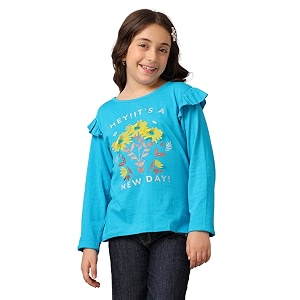 under fourteen only girls cotton tops collection  round neck crop top full amp half sleeve drop shoulder ruffle sleeve graphic printed embroidered amp slub knit styles