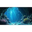 Under The Sea Aquarium Background Underwater Grotto with Soft Corals Reefs Fish Tank Background Blue Ocean Tropical Cave Sunlight Rays Deep Sea Fish Tank Backgrounds Aquarium Wallpaper 48x18in