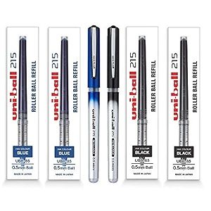uni-ball ub-215 05mm amp ubr-85 refill combo  water amp fade resistant  1 blue ink pen amp 2 refill  1 black ink pen amp 2 refill pack of 6