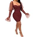 Uni Clau Women Sexy Mesh Sheer Puff Long Sleeve Mini Dress Bodycon Deep V Neck Patchwork Party Clubwear Dress