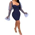 Uni Clau Women Sexy Mesh Sheer Puff Long Sleeve Mini Dress Bodycon Deep V Neck Patchwork Party Clubwear Dress