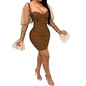 Uni Clau Women Sexy Mesh Sheer Puff Long Sleeve Mini Dress Bodycon Deep V Neck Patchwork Party Clubwear Dress