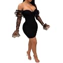 Uni Clau Women Sexy Mesh Sheer Puff Long Sleeve Mini Dress Bodycon Deep V Neck Patchwork Party Clubwear Dress