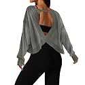 UNIANKIYA Open Back Workout Tops for Women Long Sleeve Cropped Athletic Clothes Gym Running Yoga Low Impact Sports T Shirts