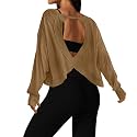 UNIANKIYA Open Back Workout Tops for Women Long Sleeve Cropped Athletic Clothes Gym Running Yoga Low Impact Sports T Shirts