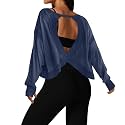 UNIANKIYA Open Back Workout Tops for Women Long Sleeve Cropped Athletic Clothes Gym Running Yoga Low Impact Sports T Shirts