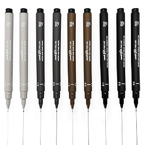 uni-ball pin fineliner drawing pen sketching set black- dark grey- light grey- sepia - 01mm05mm - set of 9