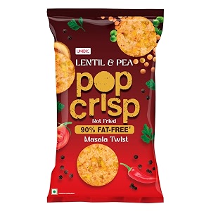 unibic pop crisp i lentil and pea i popped chips i masala twist i  not baked not fried 90 fat free  low calorie  healthy snacks  40 grams