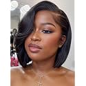 UNICE 10 inch Short Layered Bob Drawstring Wig Human Hair with Side Swept Bangs Bye Bye Knots 7x5 Lace closure Glueless Wigs Human Hair Pre Plucked Pre Cut Read to Wear