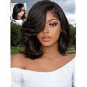 UNICE 12 inch Side Part Short Bob Wig human Hair with Blow Out Layered Bangs 7x5 Lace Front Glueless Wigs Human Hair Pre Plucked Bleached Knots Pre Cut Ready To Wear Black Wig Shoulder Length