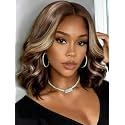 UNICE 13x4 Lace Front Bob Wig Human Hair Glueless Pre Plucked Pre Cut Brown Honey Blonde Money Piece Highlight Shoulder Length Wavy Layered Drawstring Wig No Slip 14 inch
