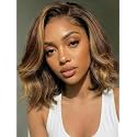 UNICE 13x4 Lace Front Bob Wig Human Hair Glueless Pre Plucked Pre Cut Chocolate Brown Balayage with Caramel Money Piece Highlights Shoulder Length Wavy Layered Drawstring Wig No Slip 10 inch
