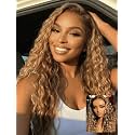 UNICE 13x4 Water Wave Lace Front Wig Human Hair, Caramel Brown with Honey Blonde Highlights, Glueless Drawstring Put On and Go Wig, Pre Plucked Hairline, Beginner Friendly, 150% Density, 22 Inch