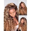 UNICE 13x4 Water Wave Lace Front Wig Human Hair, Caramel Brown with Honey Blonde Highlights, Glueless Drawstring Put On and Go Wig, Pre Plucked Hairline, Beginner Friendly, 150% Density, 20 Inch