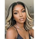 UNICE Bye Bye Slip Black to Blonde Layered Wavy Bob Wig Human Hair 10 Inch, 7x5 Glueless Lace Front Wig with Drawstring, Pre Plucked Pre Cut Lace Put on and Go Wig for Women
