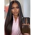 UNICE Chestnut Brown Ombre Yaki Straight 7x5 Pre Cut HD Lace Front Wigs Human Hair with Drawstring Bye Bye Knots Glueless Wig Pre Plucked Bleached Knots Natural Hairline 150% Density 18 inch