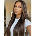 UNICE Golden Brown Highlight Yaki Straight Human Hair Wig 7x5 Glueless Lace Closure Wig with Drawstring, Pre-Plucked Pre-Cut Bleached Knots,No Slip Beginner Friendly 150% Density 20 inch