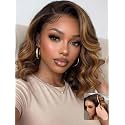 UNICE Human Hair Wig Wavy Bob Glueless 7x5 HD Lace Front, Pre Plucked Pre Cut, Chocolate Brown with Honey Blonde Highlights, Drawstring No Slip, Ready to Wear Beginner Friendly 14 inch