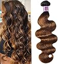 UNice Ombre Brown Highlight Body Wave Human Hair Weave 1 bundle 16 inch, Brazilian Remy Hair Dark Root Blonde Human Hair Weaves Extension Piano Color TFB30