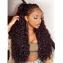UNICE Water Wave 13x4 Lace Front Wigs Human Hair Black Cherry Glueless Drawstring Wig Human Hair Pre Plucked Pre Cut Bleached Knots Natural Hairline 150% Density 24 inch