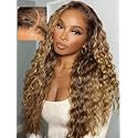 UNICE Water Wave 13x4 Lace Front Human Hair Wig Caramel Brown with Honey Blonde Highlight Glueless Drawstring Wig Pre Plucked Pre Cut Bleached Knots 150% Density 22 inch