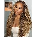 UNICE Water Wave 13x4 Lace Front Human Hair Wig Caramel Brown with Honey Blonde Highlight Glueless Drawstring Wig Pre Plucked Pre Cut Bleached Knots 150% Density 16 inch