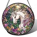 Unicorn in Flower Forest Stained Glass Window Hanging Suncatcher Gift 15"