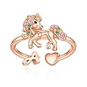 Unicorn Initial Rings for Teen Girls, Rose Gold/White Gold Plated Heart Initial Rings for Girls Adjustable Stackable Rings for Women Diny Heart Ring for Teen Girls Gifts Unicorns Gifts for Girls