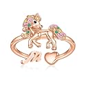 Unicorn Initial Rings for Teen Girls, Rose Gold/White Gold Plated Heart Initial Rings for Girls Adjustable Stackable Rings for Women Diny Heart Ring for Teen Girls Gifts Unicorns Gifts for Girls